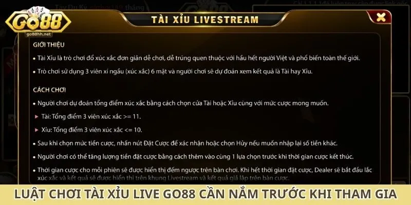 Luật chơi tài xỉu live Go88 cần nắm trước khi tham gia